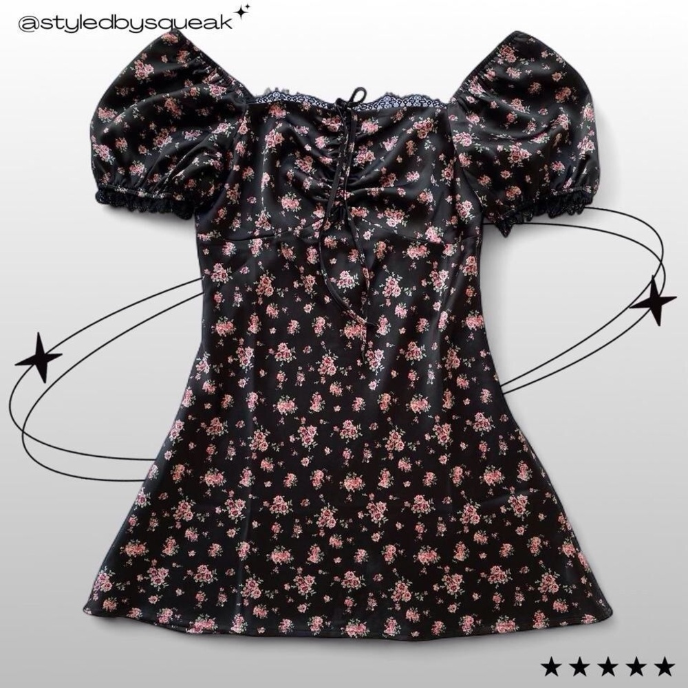 Forever 21 Black Pink Floral Puff Sleeve Satin Mini Dress Medium